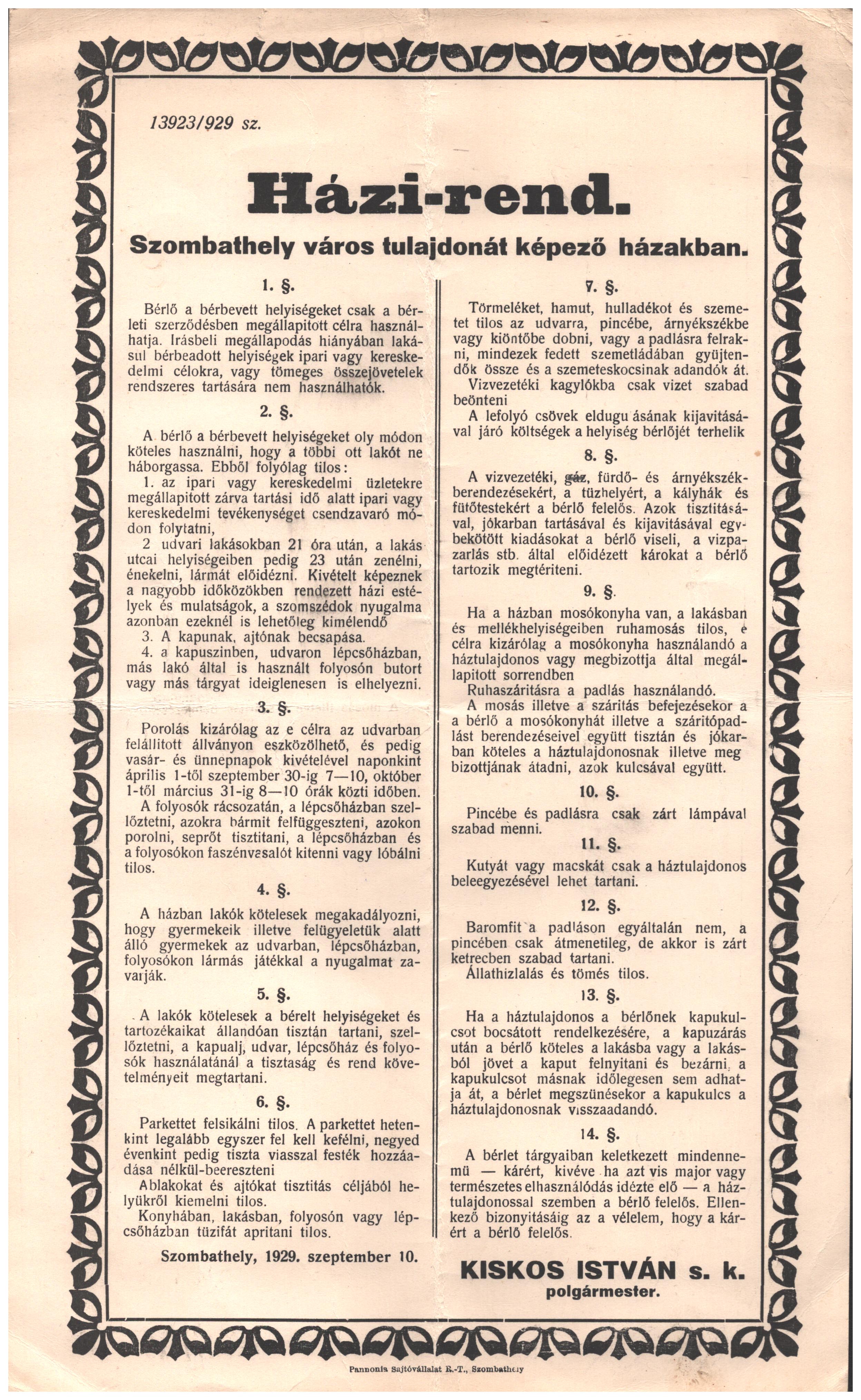 1929. Házi-rend a Szombathely város tulajdonát képező házakban