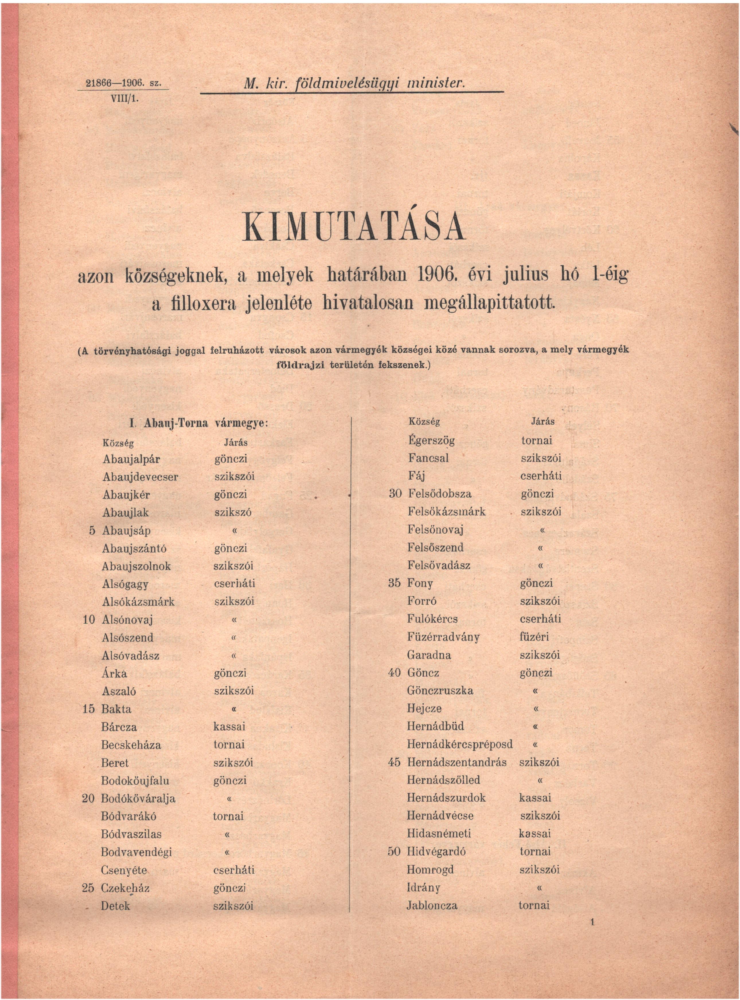 1906. Kimutatása azon községeknek, a melyek határában az 1906. év végéig filoxera jelenléte hivatalosan megállapittatott. 41 p