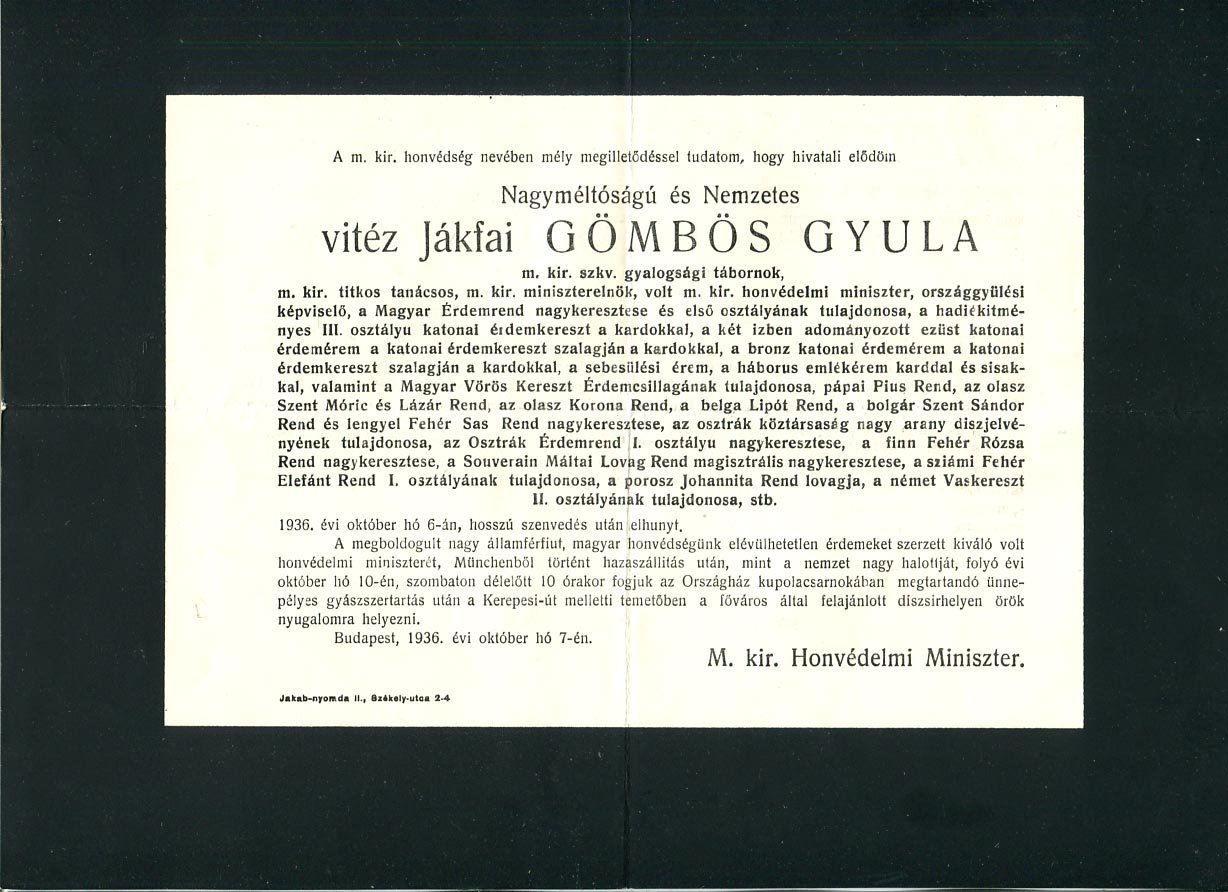 1936. Vitéz Jákfalvi Gömbös Gyula gyászjelentése