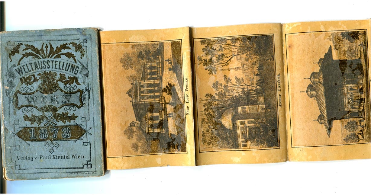 1873. Képes leporello a bécsi világkiállításról. Átnézeti kép (33x11 cm) + 16 kép (11,5x7,5 cm)