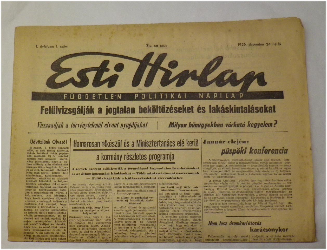 1956.dec.24. Esti Hírlap. I. évf. 1. szám