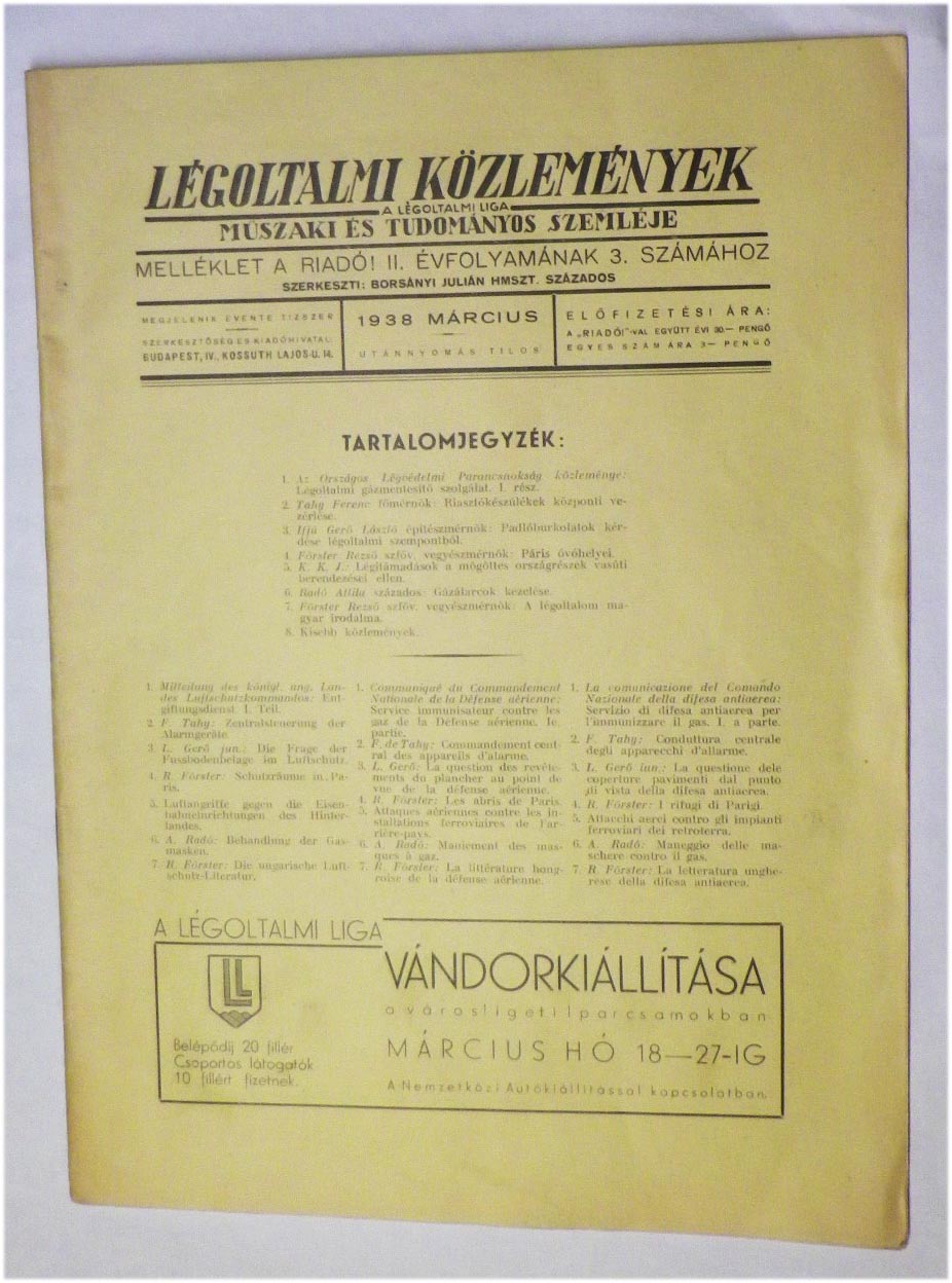 1938.márc. Légoltalmi Közlemények. Melléklet a Riadó! II. évfolyamának 3. számához