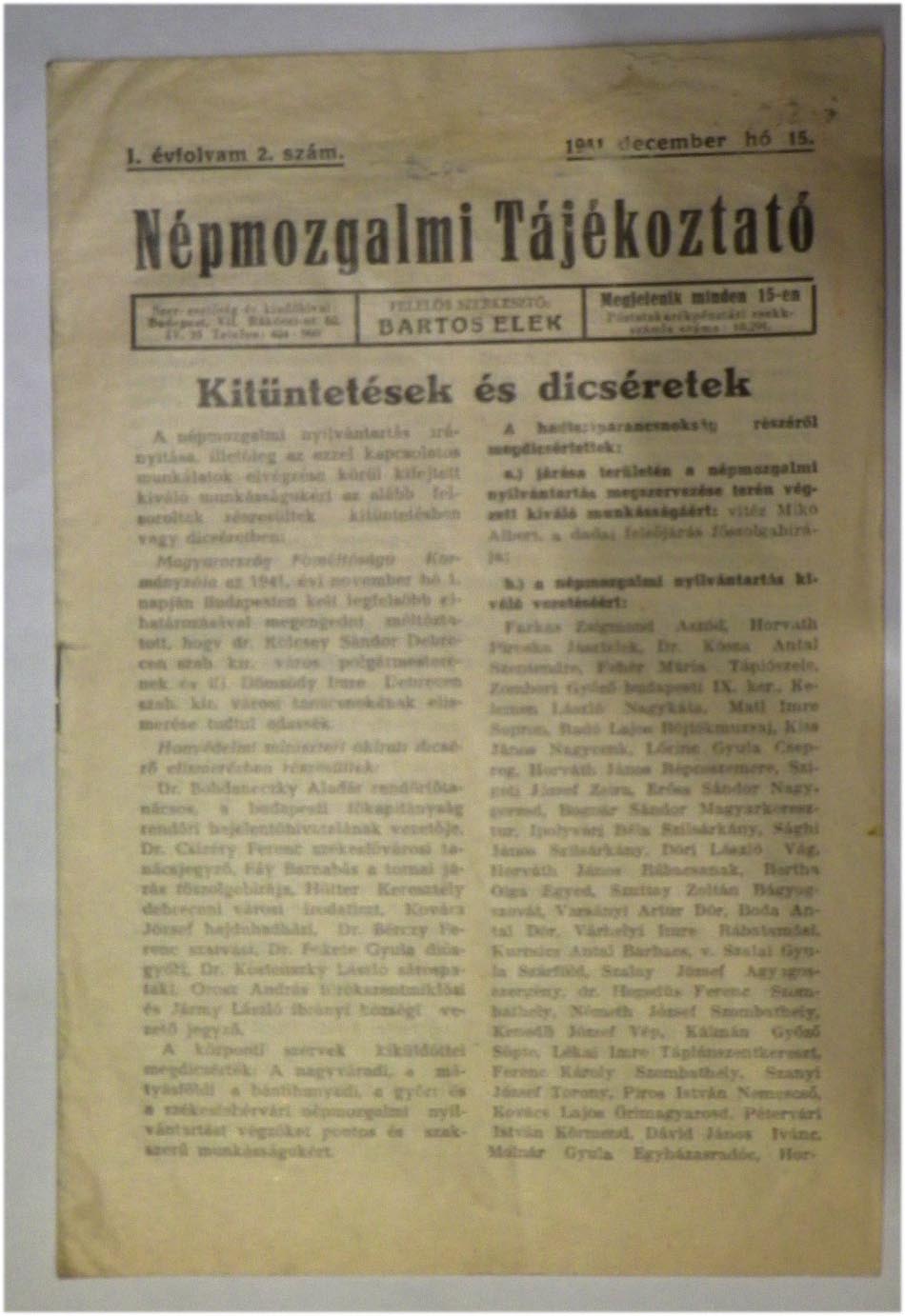 1941.dec.15. Népmozgalmi Tájékoztató. I. évf. 2. szám.