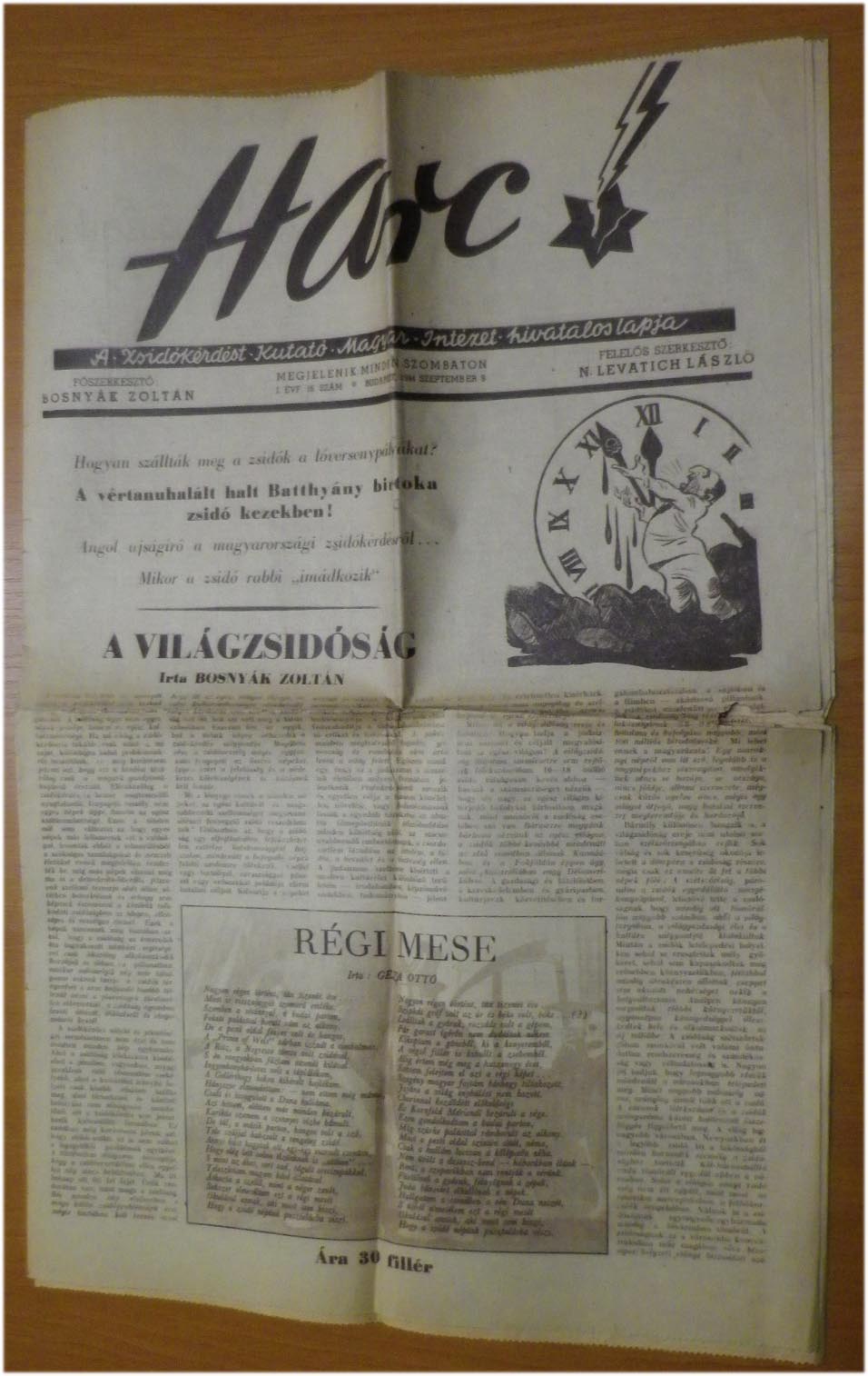 1944.szept.9. Harc. A Zsidókérdést Kutató Magyar Intézet hivatalos lapja.