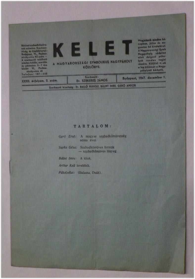 1947.dec.1. Kelet. A magyarországi symbolikus nagypáholy közlönye.