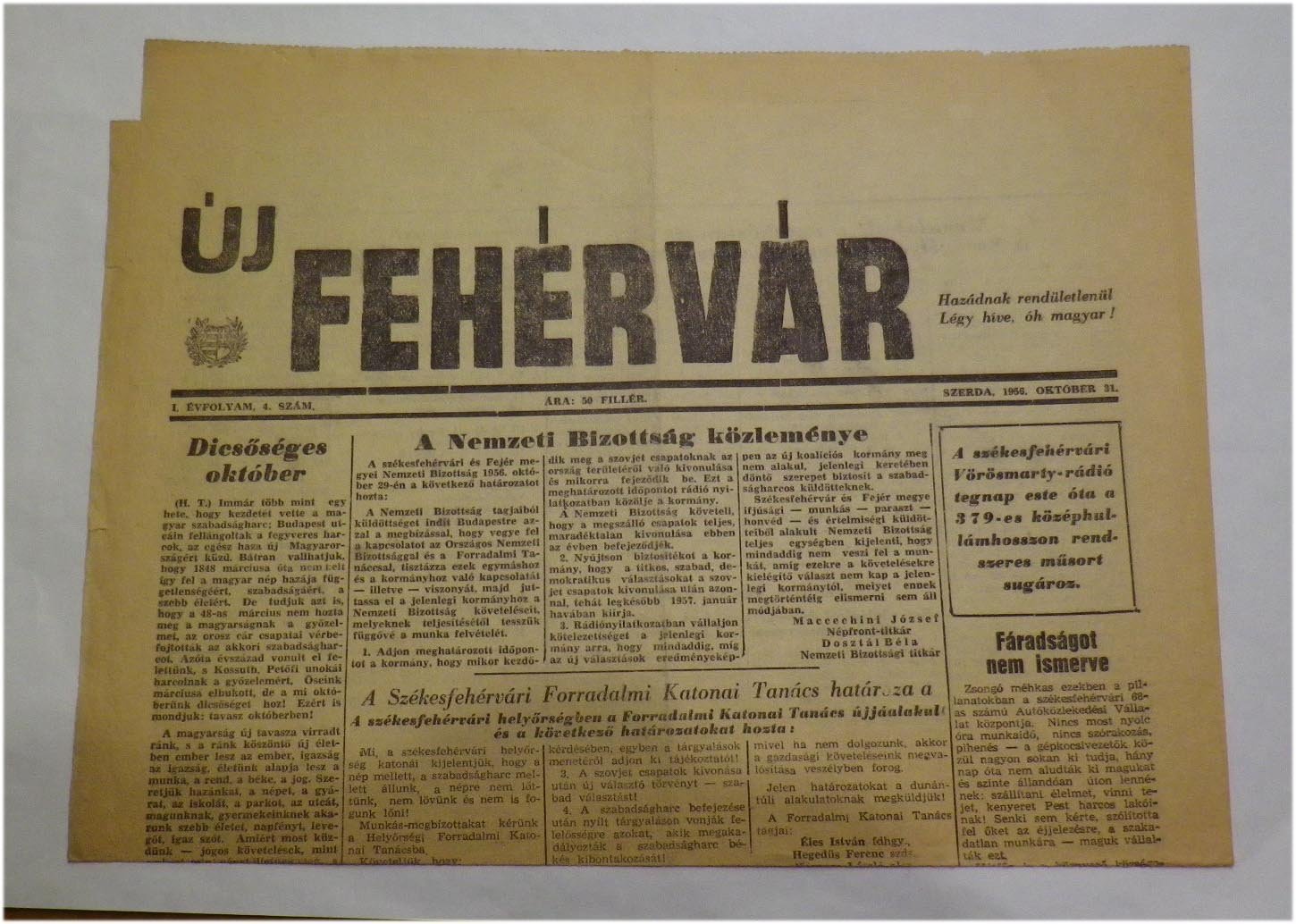 1956.okt.31. Új Fehérvár. I. évf. 4. szám.