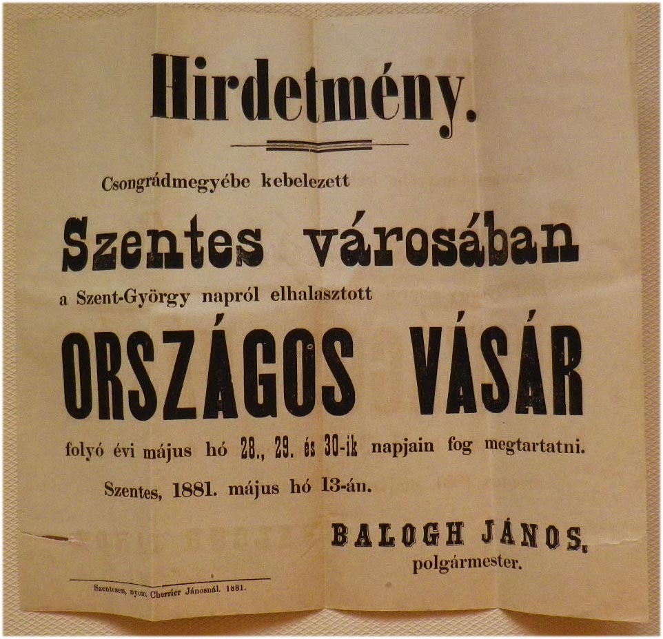 1881. Szentes. Hirdetmény országos vásárral kapcsolatban (31x29)