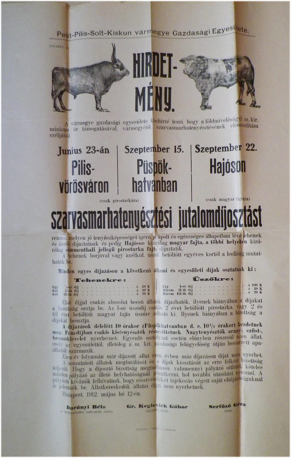 1912. Szarvasmarhatenyésztési jutalomdíjosztás hirdetménye (Pilisvörövár, Püspökhatvan, Hajós) (42x58)