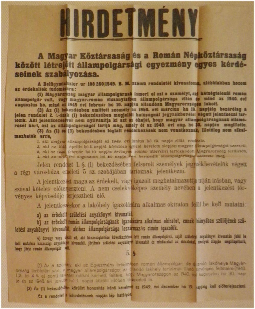 1949. Hirdetmény a magyar–román állampolgársági egyezménnyel kapcsolatban (40x47)