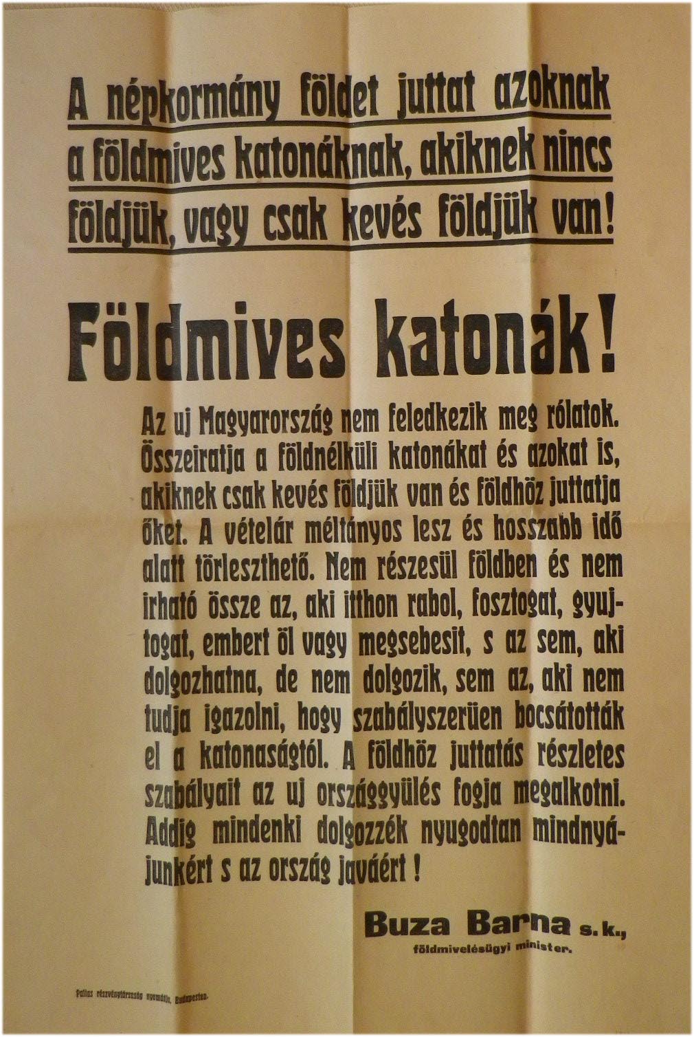 1918. Hirdetmény földosztással kapcsolatban a földmives katonák részére (39x57)