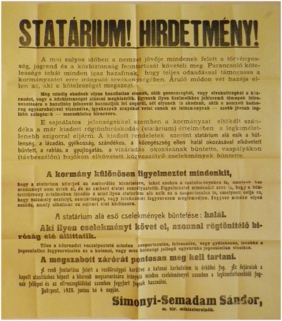 1920. Miniszterelnöki hirdetmény: Statárium! (47x51)