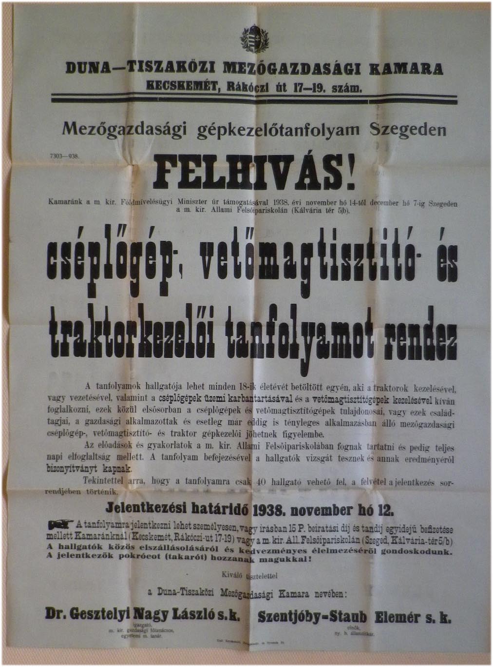 1938. A kecskeméti Mezőgazdasági Kamara felhívása cséplőgép-, vetőmagtisztító- és traktorkezelői tanfolyamra (47x63)