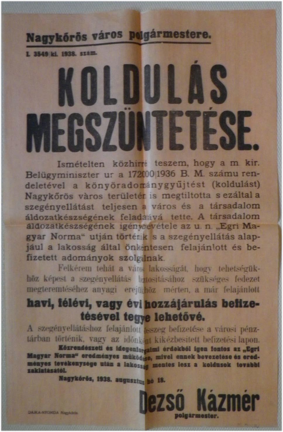 1938. Nagykőrös. Hirdetmény a koldulás megszüntetése tárgyában (31x47)