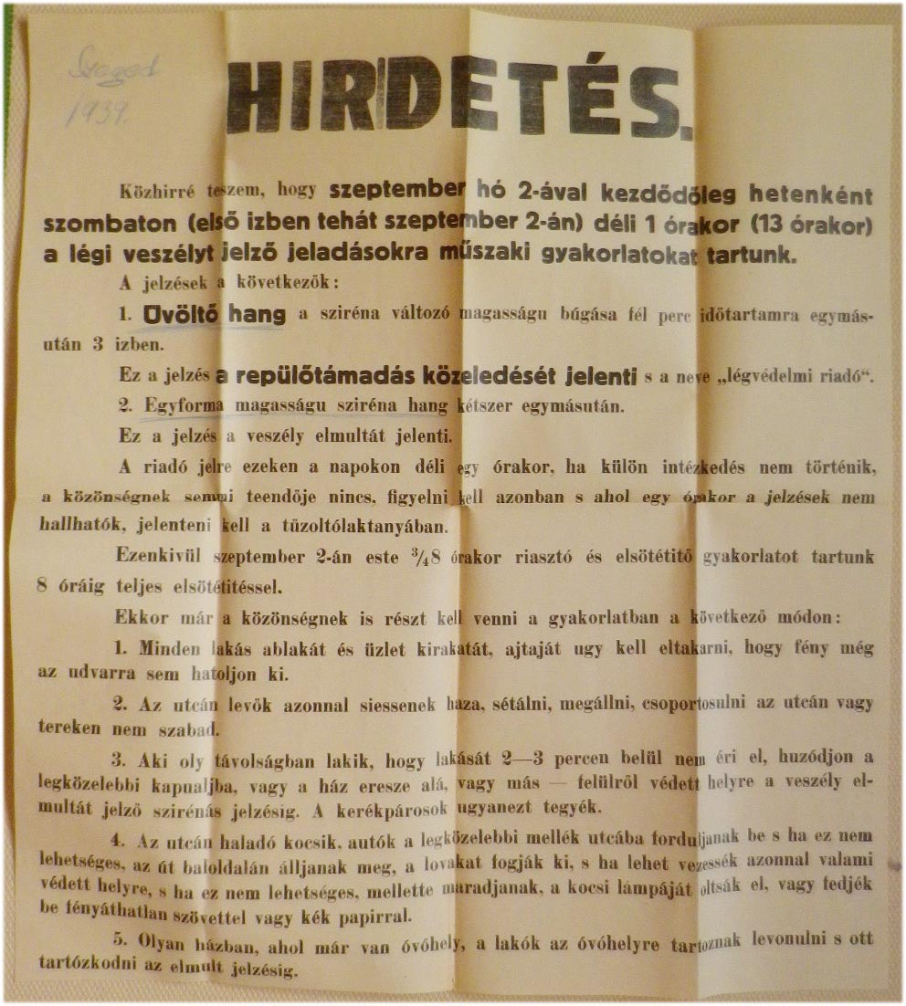 1939. Szeged. Hirdetés a légvédelmi műszaki gyakorlatokkal kapcsolatban (43x47)