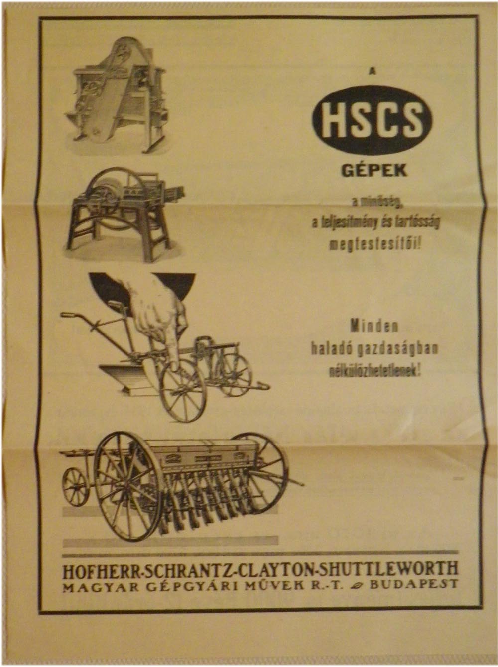 Hoffher-Schrantz mezőgazdasági gépek kétoldalas reklámlapja (28x38)