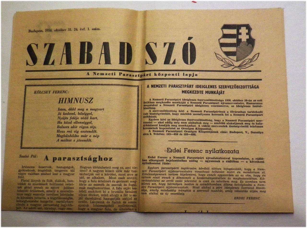 1956.okt.31. Szabad Szó. A Nemzeti Parasztpárt központi lapja.