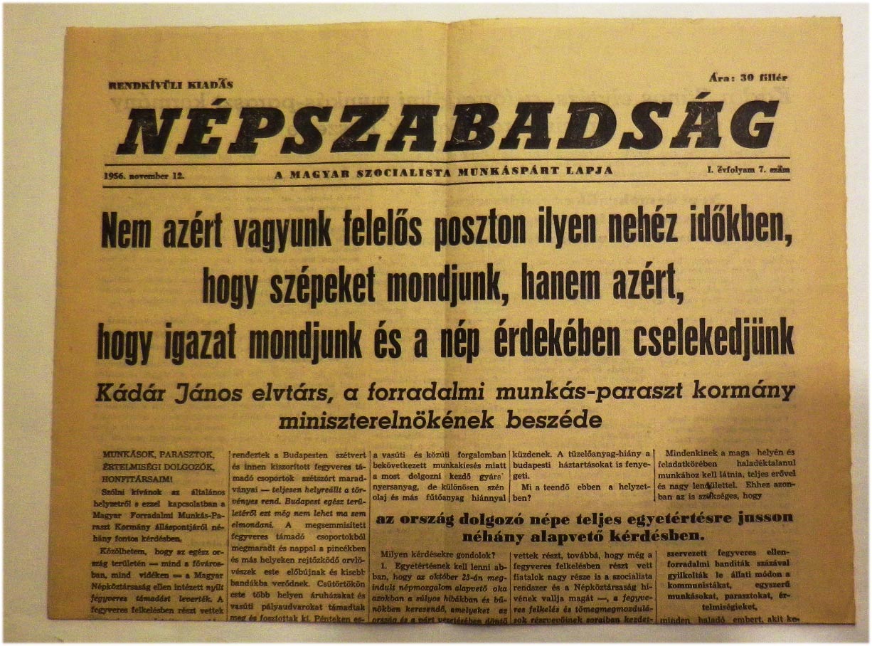 1956.nov.12. Népszabadság. Rendkívüli kiadás, Kádár J. beszéde