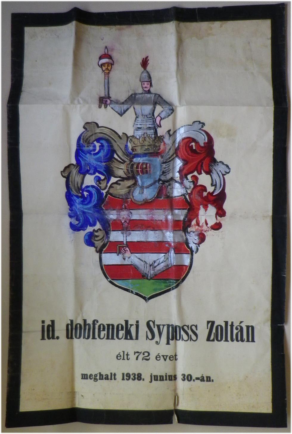 1938. id. dobfeneki Syposs Zoltán kézzel festett halotti címere (59x84 cm)