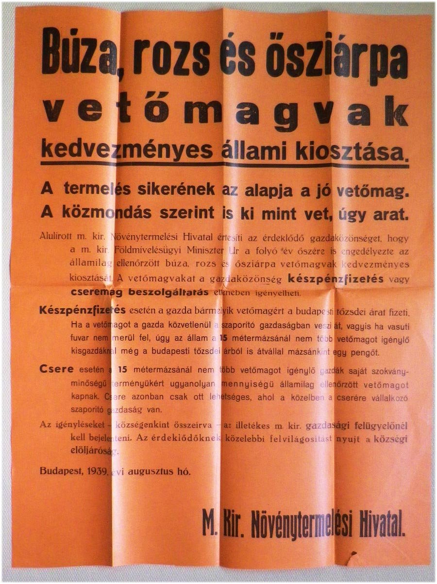 1939. Hirdetmény búza, rozs, ősziárpa vetőmagvak kedvezményes állami kiosztásával kapcsolatban (49x63)