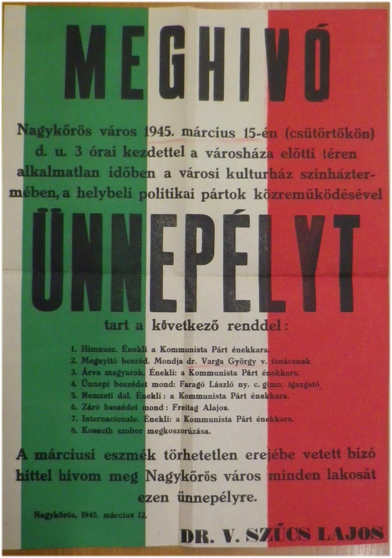 1945. Nagykőrös. Meghívó a március 15-iki ünnepélyre (28x39)