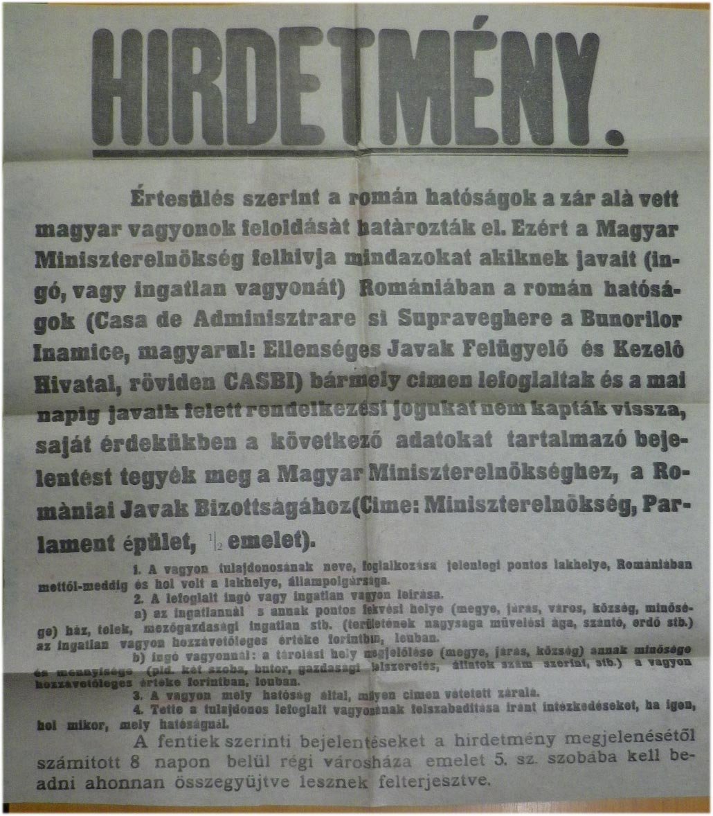 1946-48.(?) Hirdetmény a román hatóságok (CASBI) által zár alá vett magyar vagyonok feloldásával kapcsolatban (41x47)