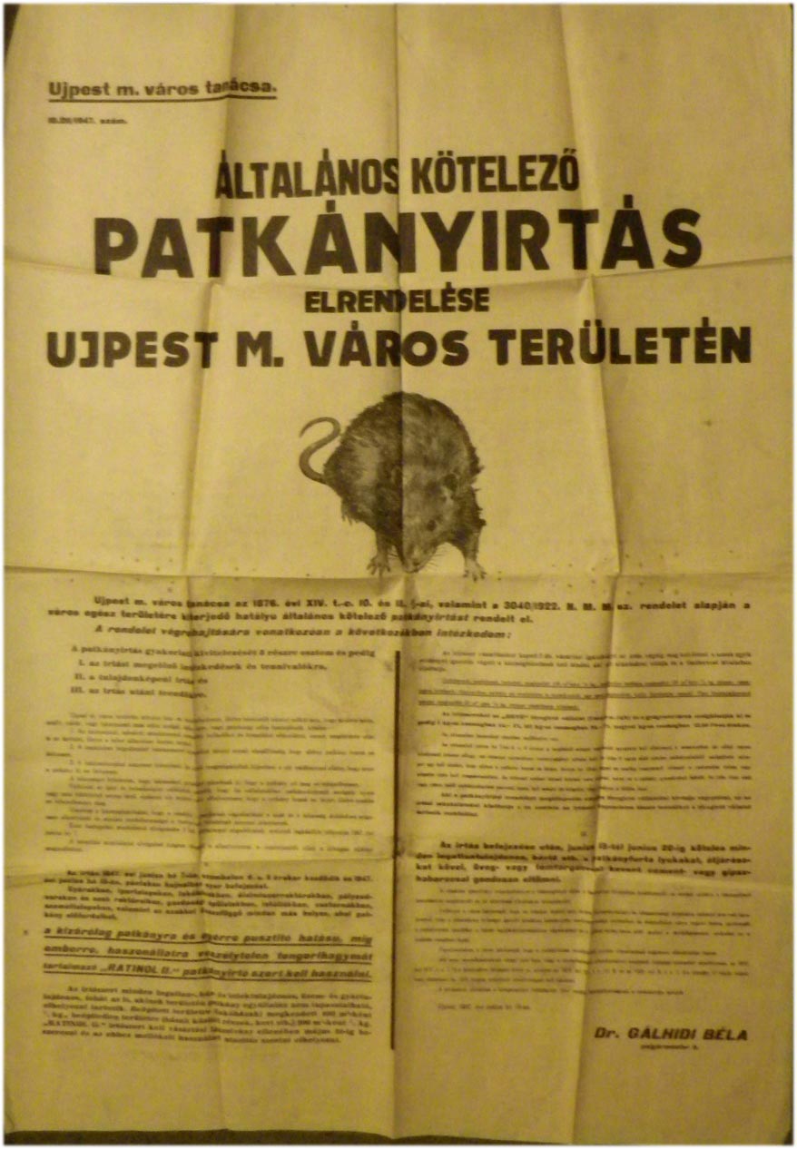 1931/37/47. 4 db patkányirtási hirdetmény Budafok, Székesfehérvár, Szekszárd, Újpest területén. Utóbbi mérete 60x85 cm, a többi 23x31 cm.