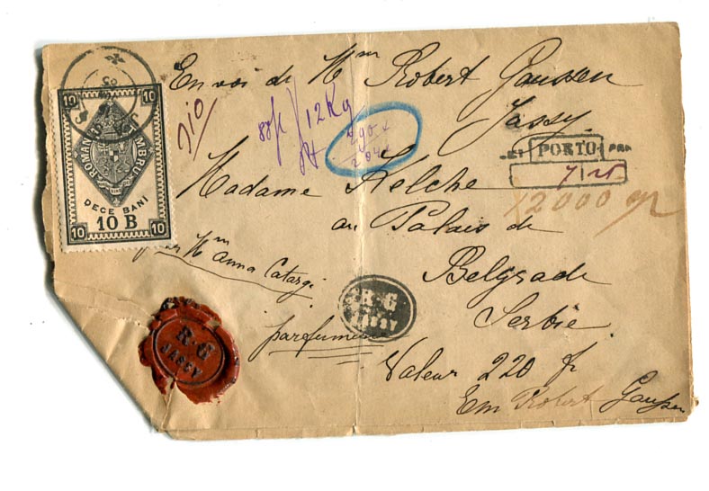 1885. Szállítólevél Jasi–Beograd, 10 Bani illetékbélyeggel (220 Fr értékben parfüm)
