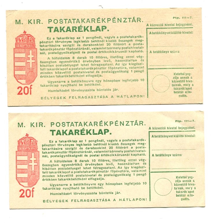 Takaréklap. 2 db 20 f-es, a hátoldalon 6 db ill. 3 db 10 f-es bélyeggel