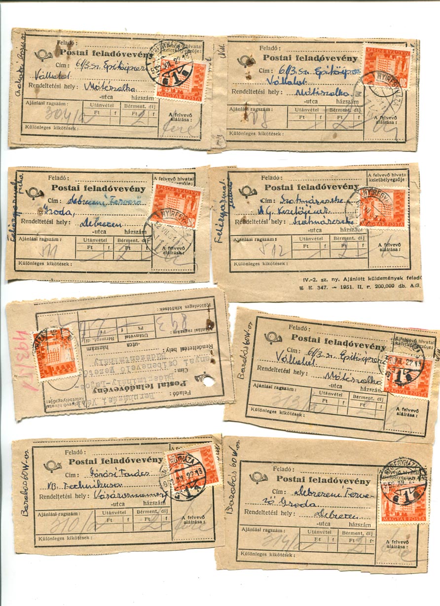 1952. 12 db postai feladóvevény másolat 30 f-es Épület bélyegekkel