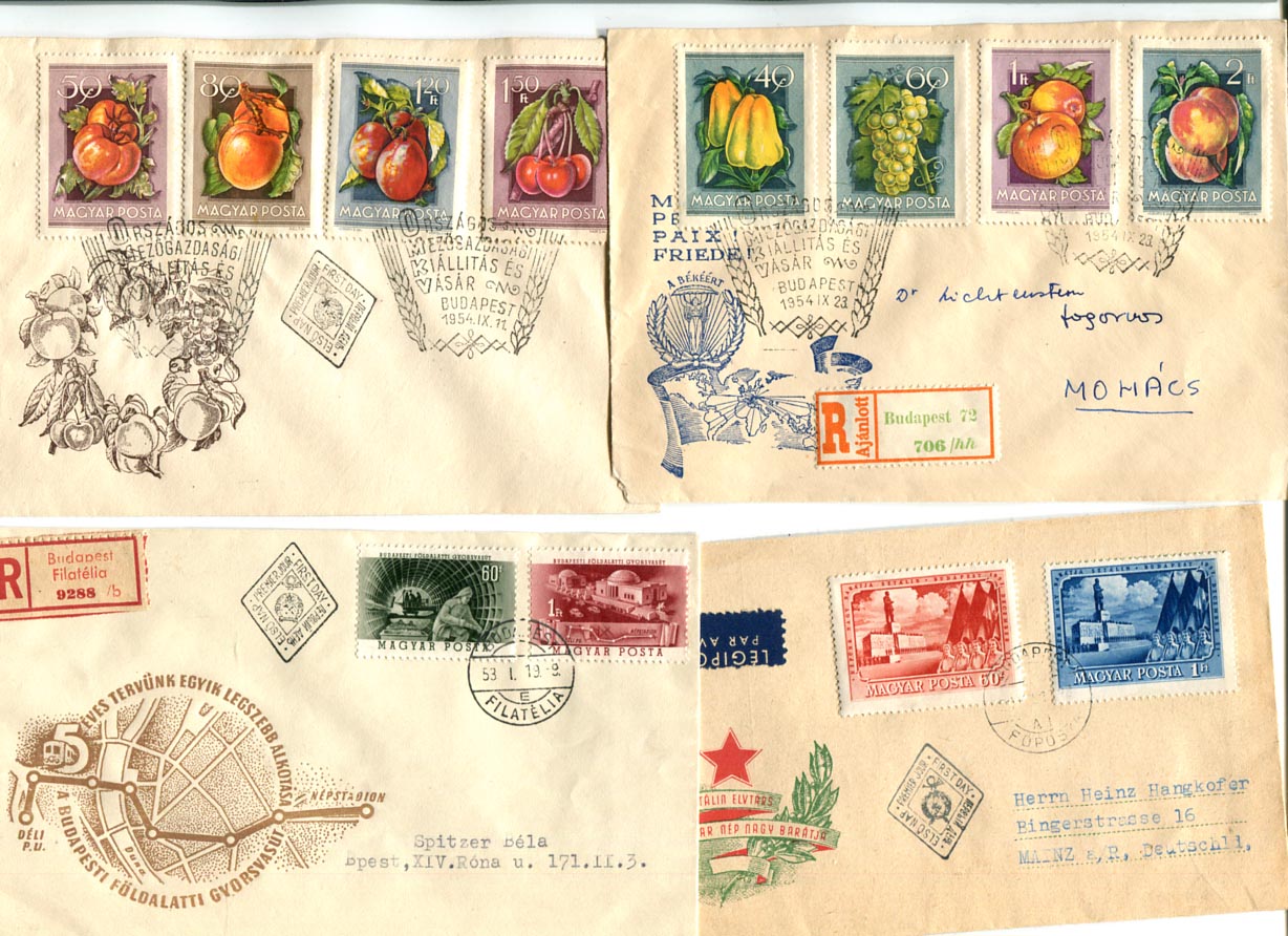 1951-55. 7 db FDC: Virág II., Moszkva, Metró, Gyümölcs, Bartók szelvényes bélyeggel, Sztálin 72 éves