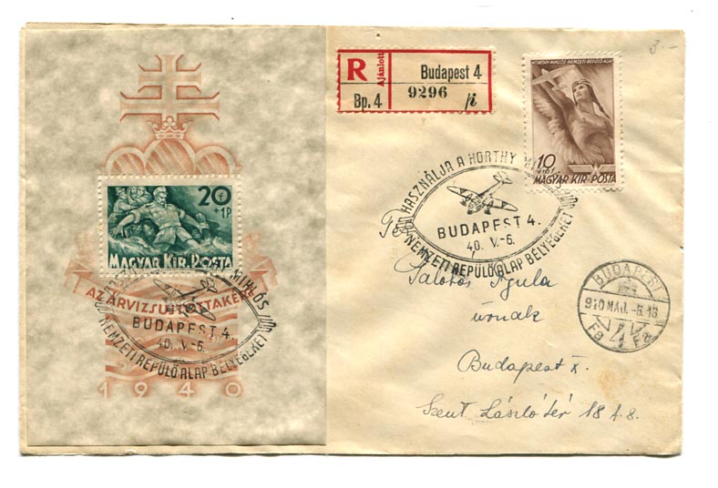 1940.05.06. Árvíz blokk ajánlott levélen, elsőnapi alkalmi bélyegzéssel