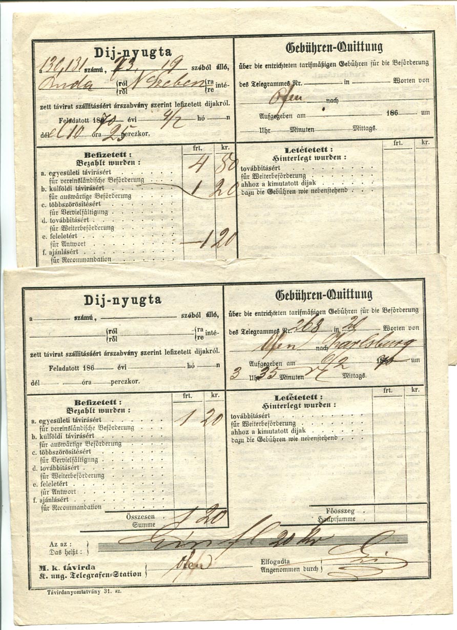 1870. Ofen. 2 db távirati díjnyugta
