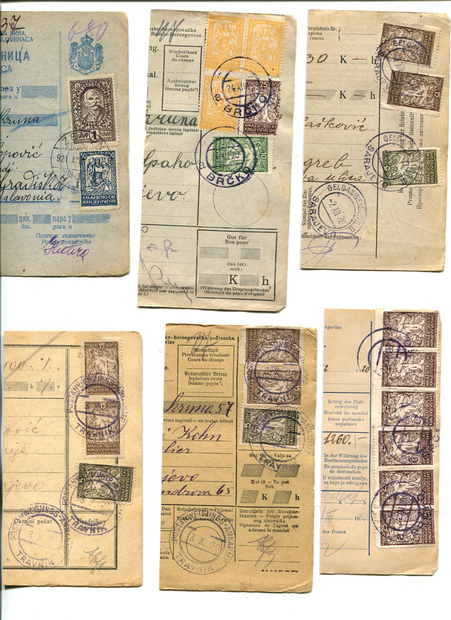 1920. 6 db postautalvány szelvény SHS bélyegekkel