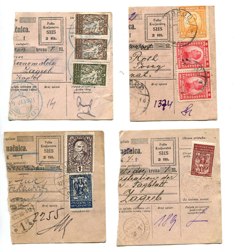 1920. 4 db 3 fill. SHS díjjegyes postautalvány szelvény