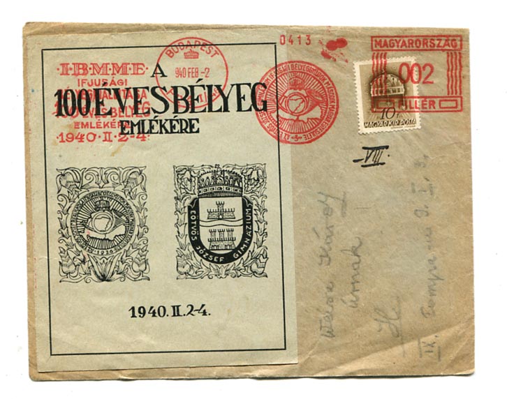 1940.02.02. A 100 éves bélyeg emlékére emlékív levélen, IBMME alkalmi Francotyp bélyegzéssel