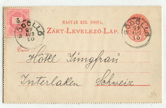 1897. 5 kr-os 5 kr díjkiegészítéssel Gödöllő–Interlaken