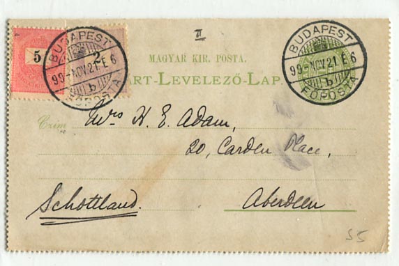 IBK – 1899. 3 kr-os (Hod 5) 5+2 kr díjkiegészítéssel Skóciába küldve, érkeztetve (Aberdeen)