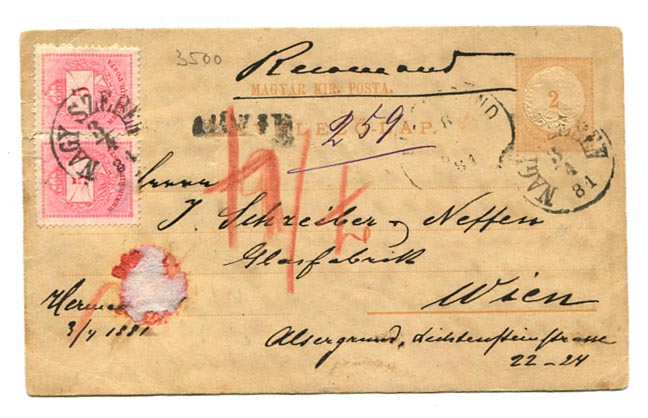 IBK – 1881. 2 kr-os díjjegyes levlap 2x5 kr ajánlási díjkiegészítéssel Nagy-Szeben–Wien