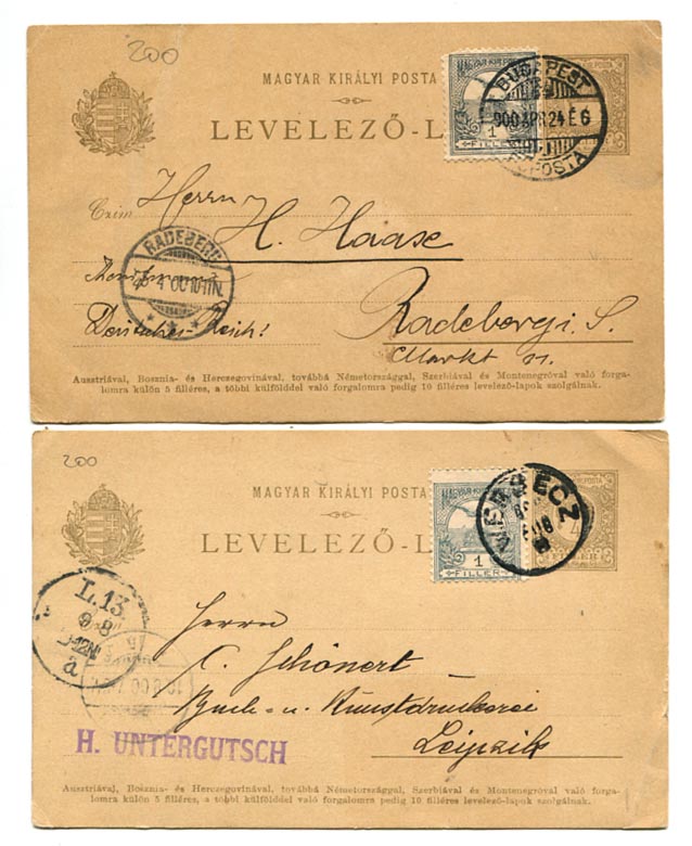IBK – 1900. 2 db 4 f-es díjjegyes levlap 1f díjkiegészítéssel kedvezményes országba, Németországba