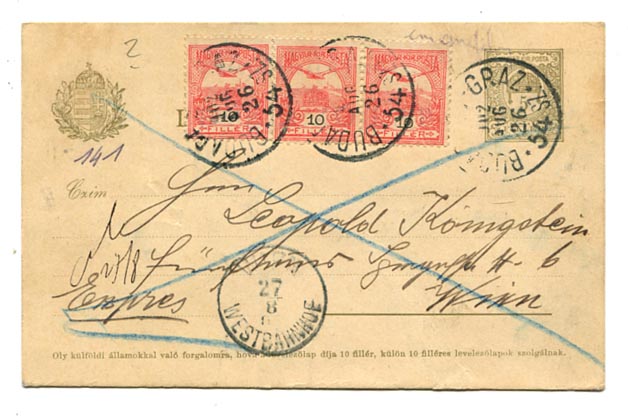 IBK – 1902.08.26. 5 f-es díjjegyes levlap 30 f expressz díjkiegészítéssel, Budapest–Graz 54. sz. mozgóposta bélyegzéssel