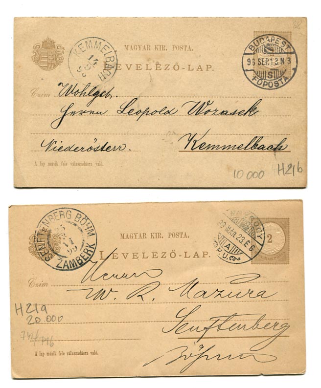 IBK – 2 db 2+2 kr-os válaszos használt, válaszlappal összefüggő levlap pár, vj. nélkül, a lábjegyzet kétféle hosszúságú (Hod 21a; 21b)