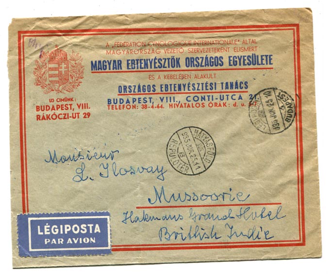 1935.06. Légiposta levél Brit-Indiába (Mussoorie) 90 f díjlerovással. 40 f alapdíj, 50 f pótdíj.