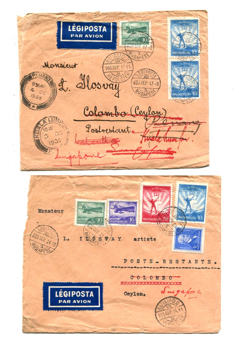 1935.09. 2 db légiposta levél Colomboba (Ceylon), majd tovább küldve Malajziába, az egyik onnan tovább Szingapúrba.