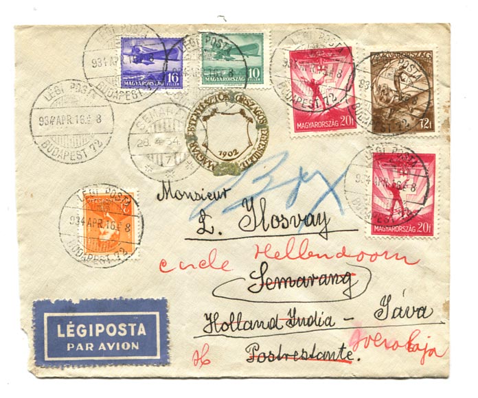 1934.04.16. Légiposta levél Holland-Indiába, utánküldve, 1 P 40 f bérmentesítéssel. (40 f alapdíj, 1 P pótdíj)