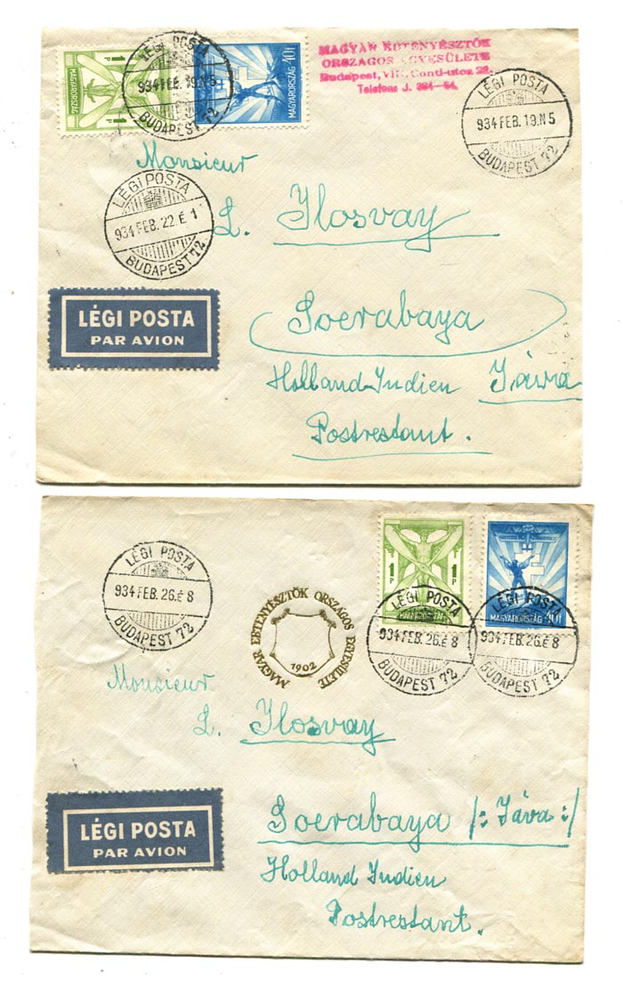 1934.02. 2 db légiposta levél Soerabangba (Holland-India) 1 P 40 f bérmentesítéssel. (40 f alapdíj, 1 P pótdíj)