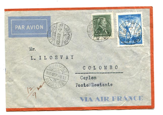 1935.09.03. Légiposta levél Ceylonba 90 f bérmentesítéssel: 40 f alapdíj, 50 f pótdíj