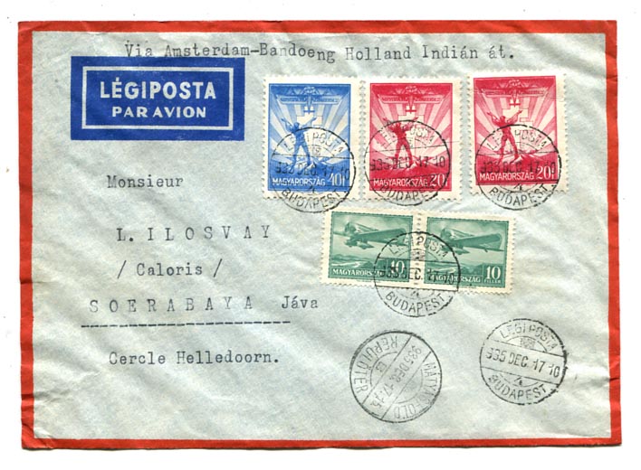 1935.12. Légiposta levél Jáva szigetére 1 P díjlerovással: 40 f alapdíj, 60 f pótdíj.