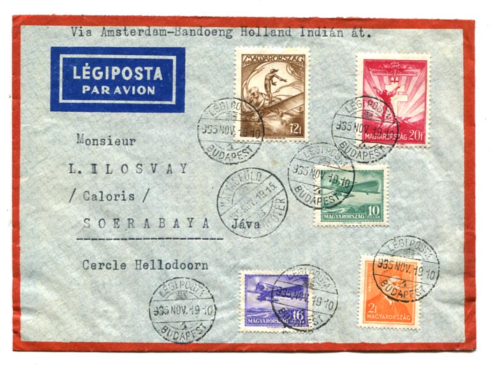 1935.11.19. 10 g-os (II. súlyf.) légiposta levél Holland-Indiába (Soerabaya) 1 P 20 f bérmentesítéssel. (2x65 f pótdíj, az alapdíj nincs fizetve). A rendelet szerint így is feladható volt légipostaként. Ritka!