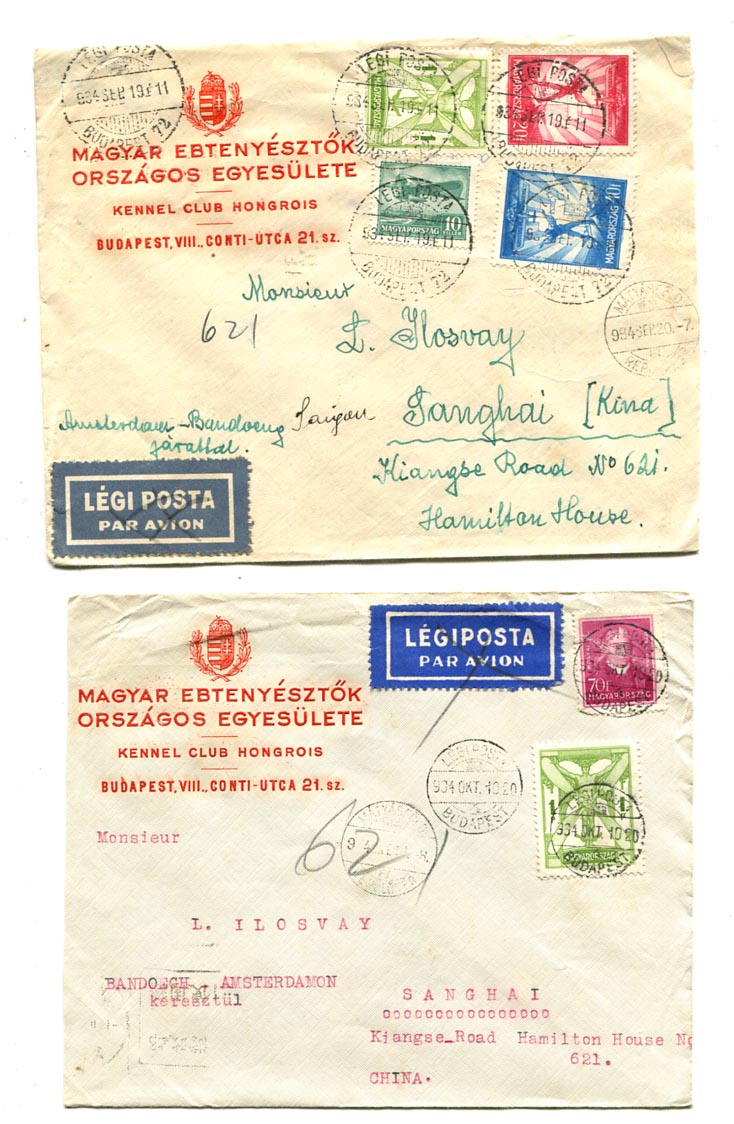 1934.09.19. 2 db II. súlyf. (5-10 g) légiposta levél Shanghaiba 1 P 70 f díjlerovással. (40 f alapdíj, 2x65 f pótdíj). Saigon átmenő bélyegzéssel.