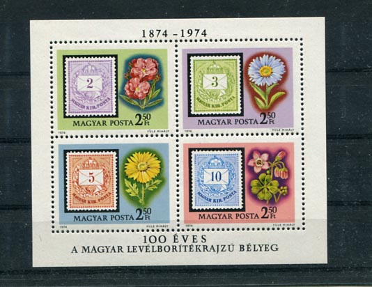 1974. 100 éves a levélborítékrajzú bélyeg blokk, kampó az O betűben (**)